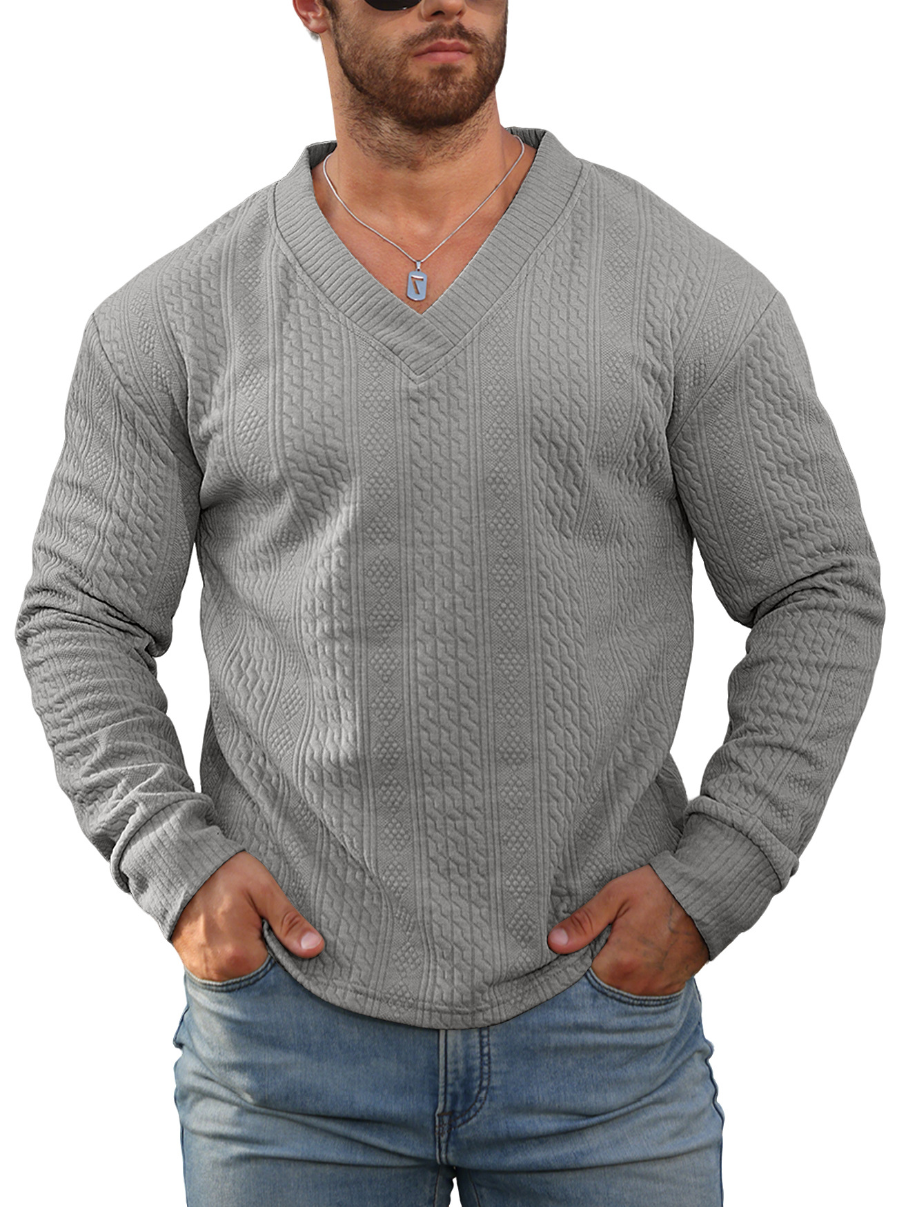 Transfronterizo Europa y América Amazon primavera y otoño ropa de hombre Jacquard de color sólido camiseta de fondo suelta de cuello V camiseta deportiva casual hombre