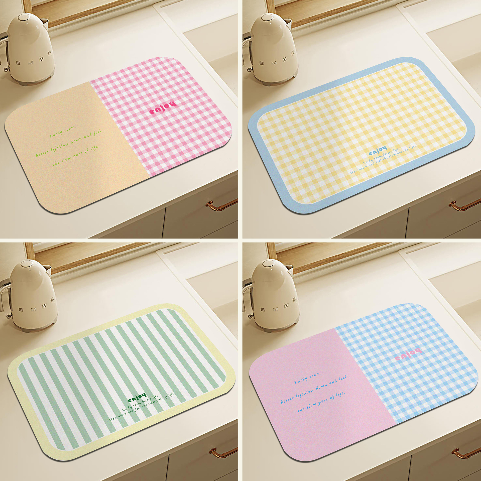 Dopamine Plaid Kitchen Countertop Draining Mat Korean-Style Cream-Style Kitchen Countertop Diatomaceous Earth Water-Absorbing Non-Slip Mat