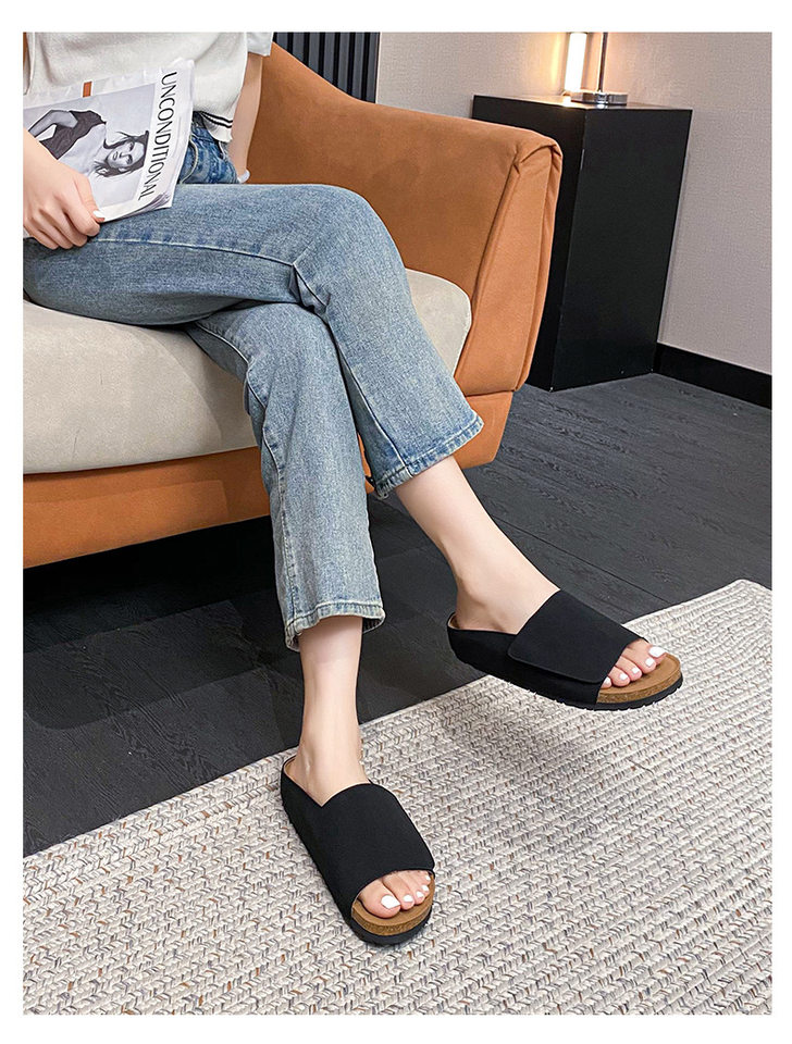 Dép sandal nữ quai ngang bản rộng mũi tròn đế bằng gấp gọn đi ngoài trời mùa hè — Màu Kaki, Màu mơ, Màu đen chi tiết 35