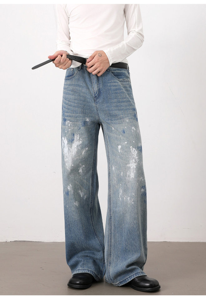 Quần jeans nam ống rộng dáng thẳng phong cách Hàn Quốc, họa tiết vẽ tay độc đáo — Màu xanh dương chi tiết 17