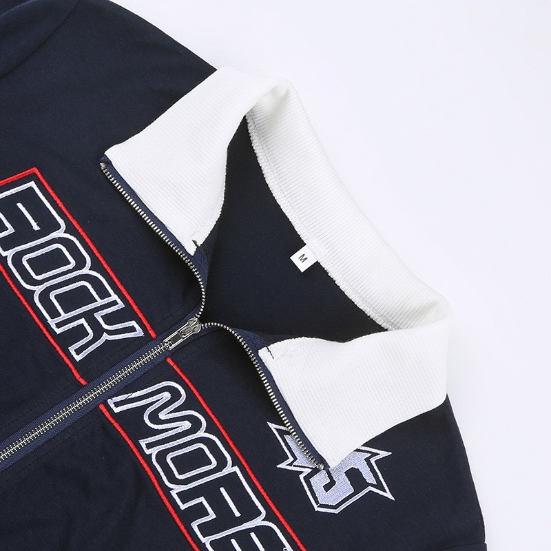 Damjacka slim fit med boktryck street style blå vit_voghion.com