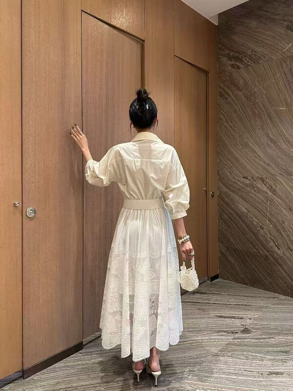 2025春秋新款翻领泡泡袖宽松拼接格子刺绣花朵蕾丝长裙连衣裙腰带|undefined