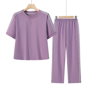 2025 New Cotton Sports suit Middle-aged and Elderly Summer Clothes Western Style Short-sleeved T-shirt Small Mother Summer Clothes