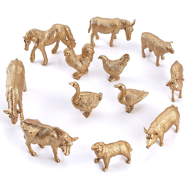 Simulated Farm Animal Miniature Poultry Gold Animal Model Set Static Solid Pig, Cow, Sheep, Duck, Goose, Dog, Chicken