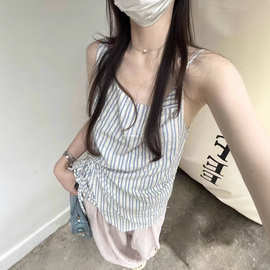 夏季新款小众设计感不规则条纹学院风宽松绑带无袖背心吊带上衣女