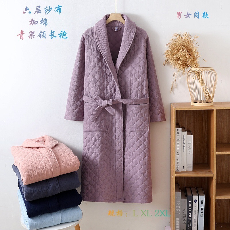 Six-layer cotton and thickening Warm Bathrobe Nightgown with Fruit Collar Button Long Home Clothes for Men and Women Autumn and Winter Six-layer cotton and thickening Warm Bathrobe Nightgown with Fruit Collar Button Long Home Clothes for Men and Women Autumn and Winter