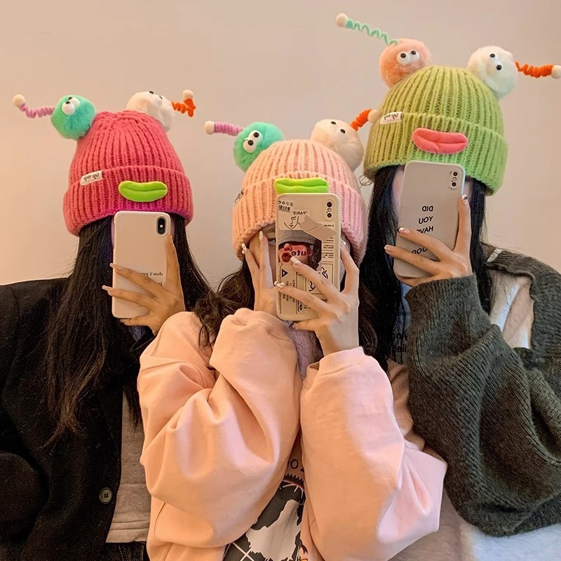 秋冬季保暖丑萌搞怪卡通香肠嘴毛线帽女可爱大头围针织护耳帽子潮