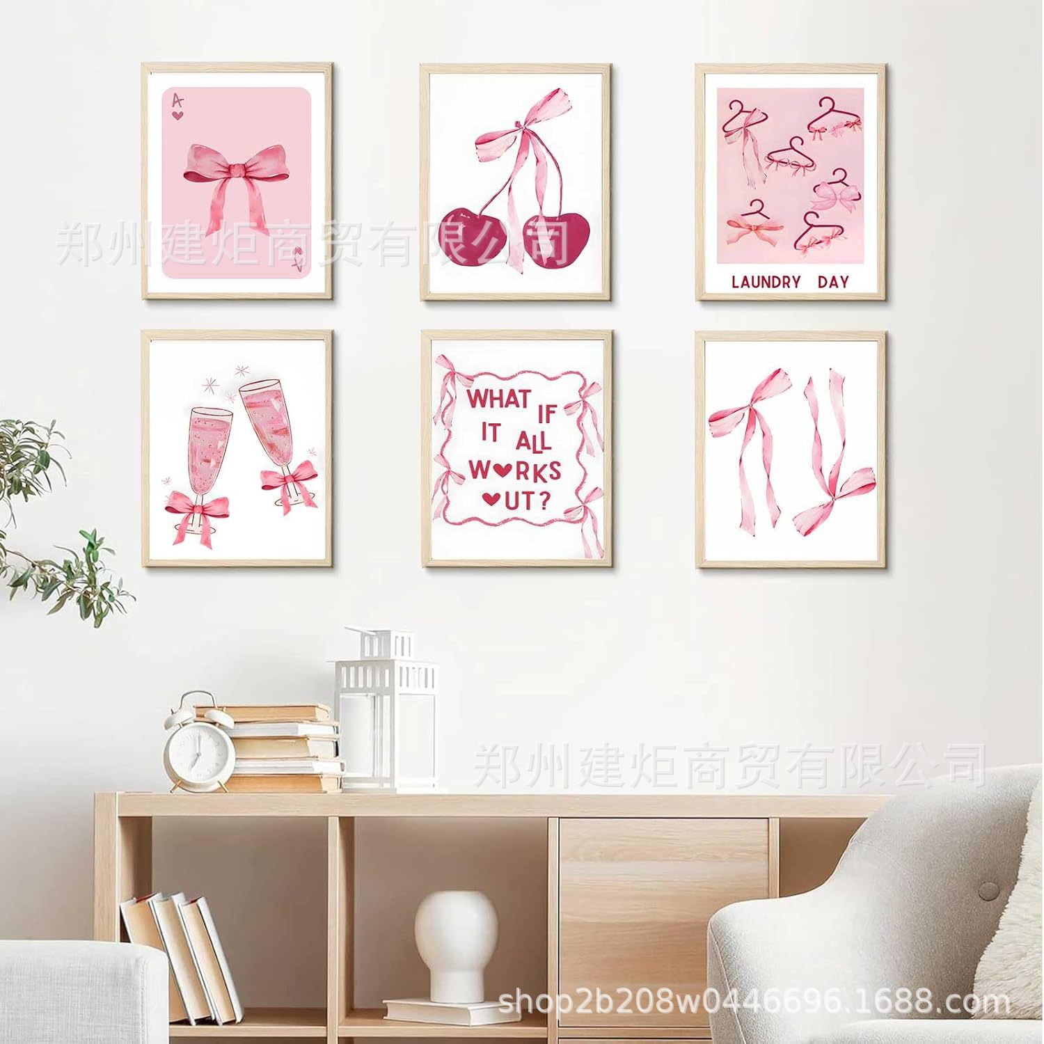 Amazon Cross-Border Export Xiyin Temu Decorative Painting Art Painting Core Watercolor Light Pink Bow Hanging Painting Poster