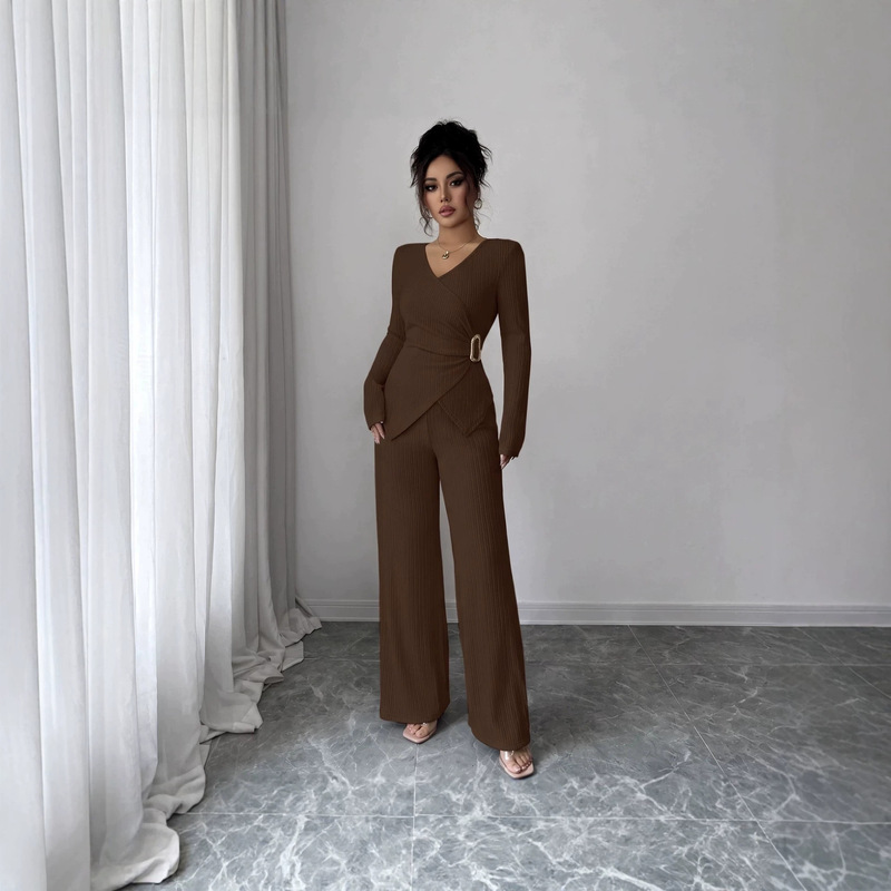 2026 New Elegant Women's Work Suit with V-neck Cross Design, Long Sleeves, Metal Buckle Decoration, and Matching Pants 2026 New Elegant Women's Work Suit with V-neck Cross Design, Long Sleeves, Metal Buckle Decoration, and Matching Pants