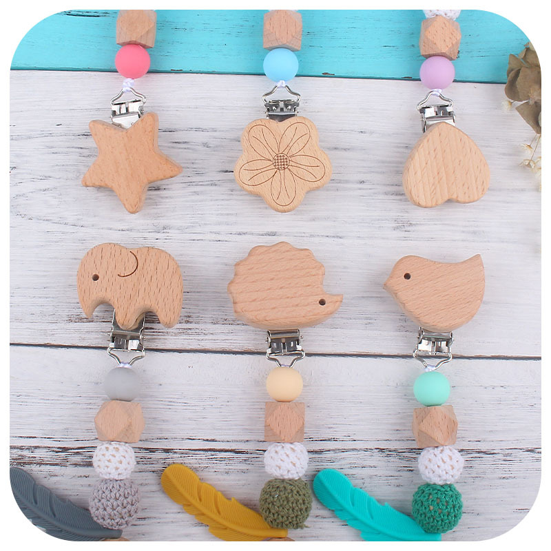 Nuevo DIY nombre del bebé calmante silicona pluma chupete anti-gota cadena bebé juguete haya animal chupete clip