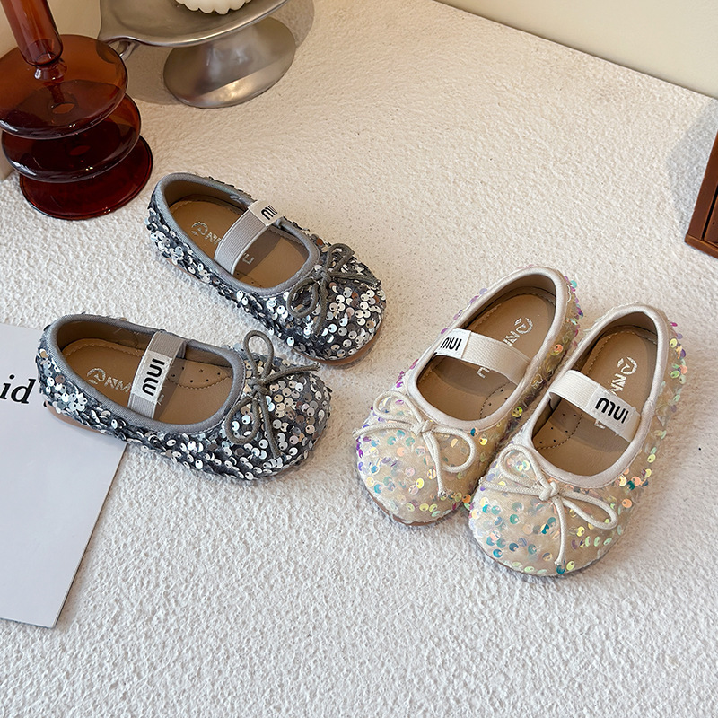 Girls' Spring and Autumn New Princess Shoes Fashion Single Shoes Soft Sole Non-Slip Square Toe Shoes with Bowknot and Sequins