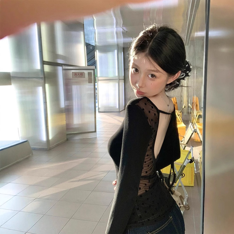 Mesh Stitching Backless Long-Sleeved T-Shirt Women's Autumn Slim-Fit Polo Dot Hot Girl Design Sense Black Body-Slimming Base Top