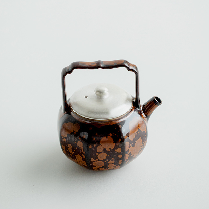 窑变栗棕描银苏子八方提梁壶陶瓷单壶茶壶带过滤泡茶冲茶器