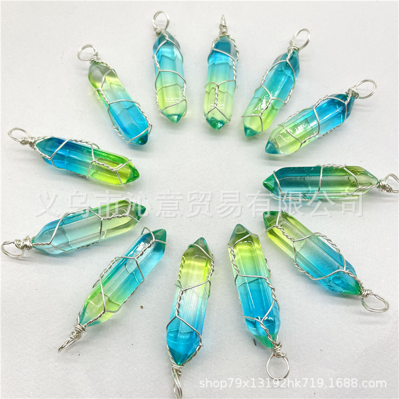 Comercio exterior caliente bobina hexagonal columna colgante collar de cristal natural hecho a mano de plata hilo bala joyería al por mayor