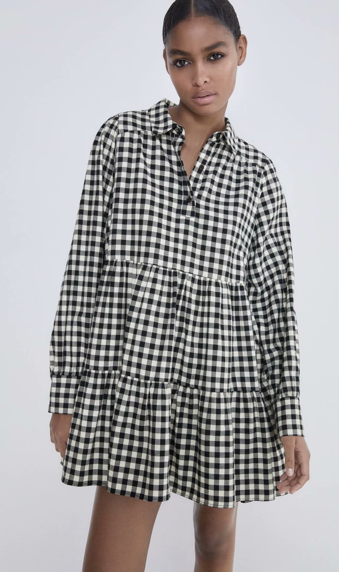 shirt collar plaid loose dress  NSAM26366