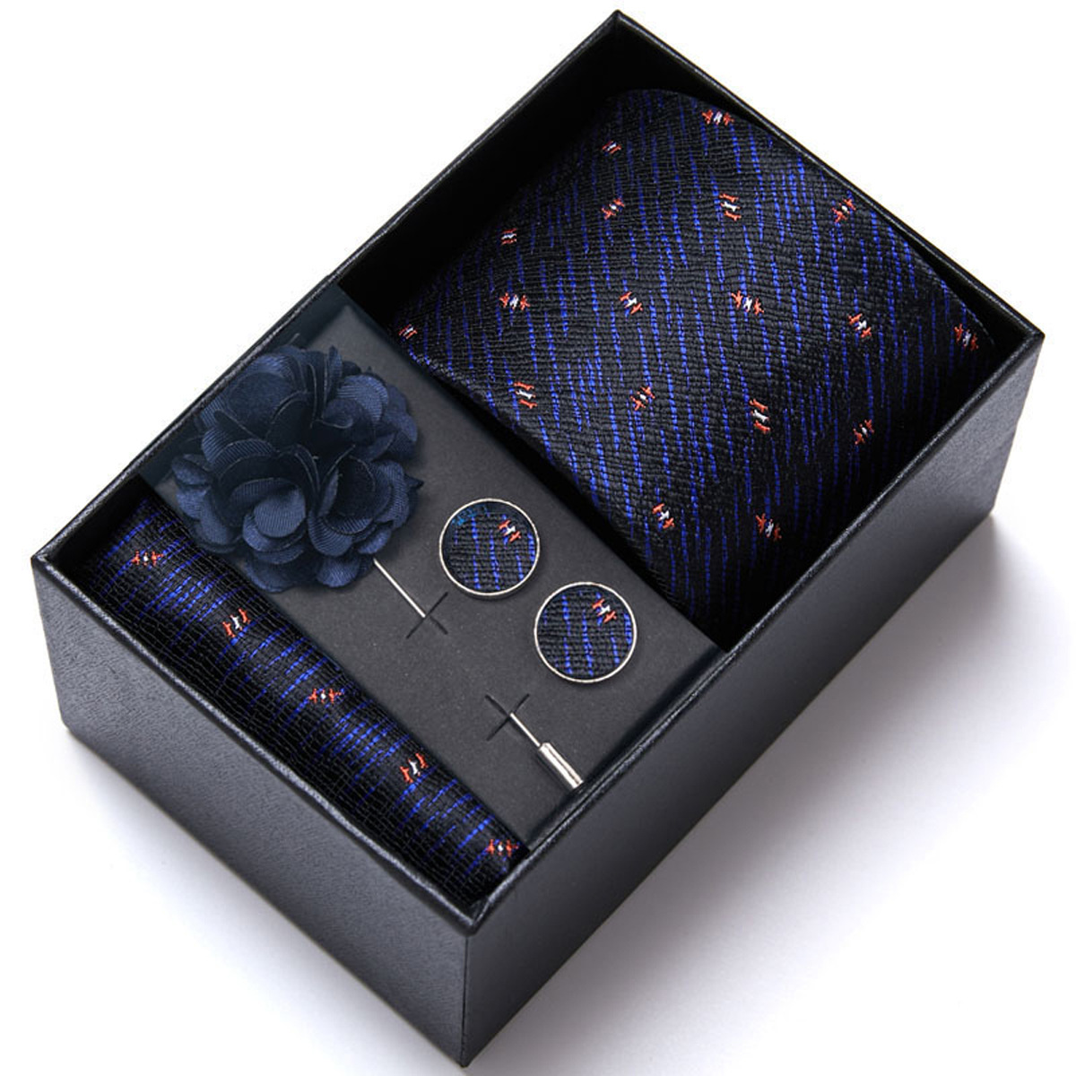 男性の新しい青いストライプのプリントネクタイのスカーフのカフスの胸の花のギフトボックスの包装の贈り物の佳品は祝日に適します。