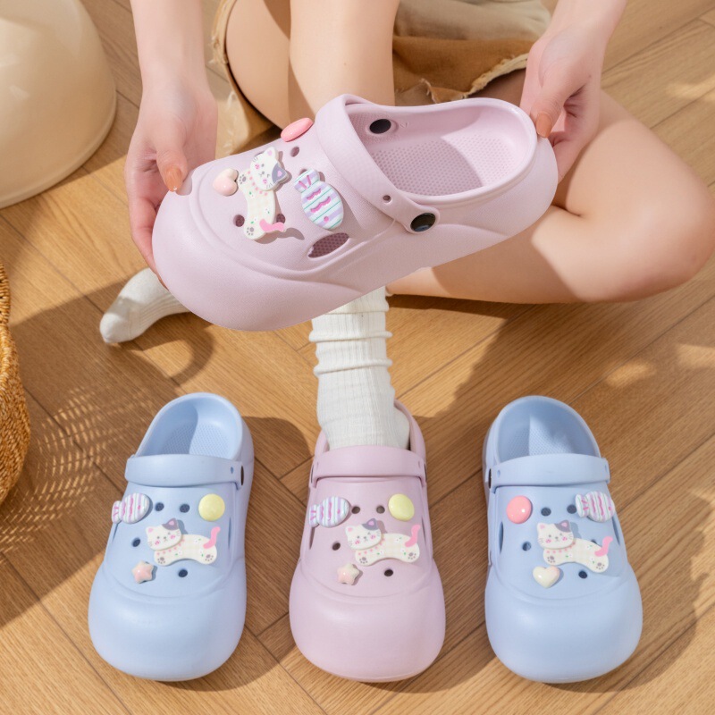 New Style Clogs with Accessories, Cute Pink Cat Shoes, Thick-Soled Beach Clogs, Eva Sandals, Beach Shoes