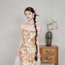 订婚礼服高级感抹胸金色晨袍新娘敬酒服绝美成人礼生日主持人礼服