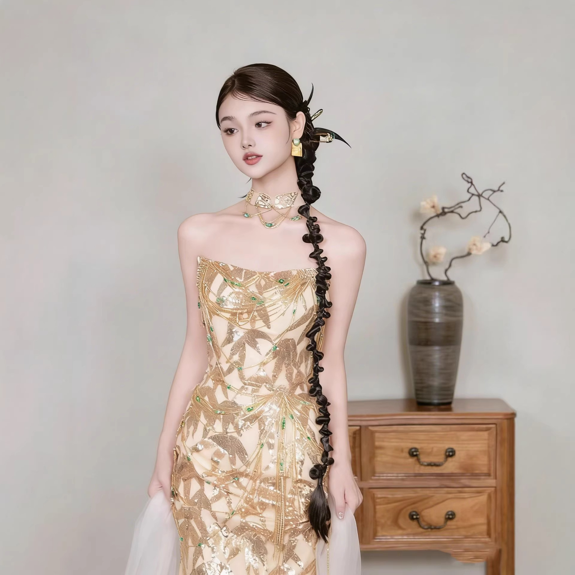 订婚礼服高级感抹胸金色晨袍新娘敬酒服绝美成人礼生日主持人礼服