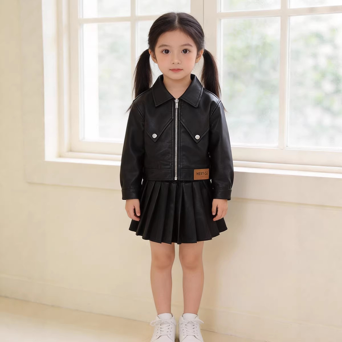 Mdd Girls Autum Pu Leather Suit Little Girl Korean Style Fashionable Motorcycle Clothing Kidsren's Leather Jacket Pleated Skirt