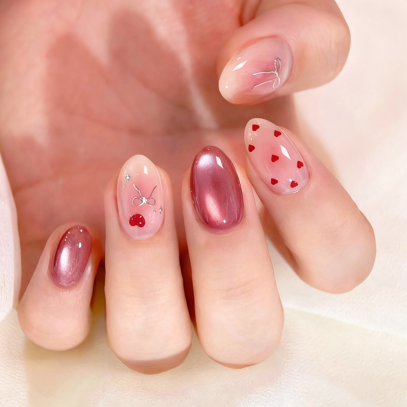 Cross-border Sweet Nail Stickers for Valentine's Day, Heart-Shaped Bowknot Press-On False Nails, Wholesale Finished Nail Pieces