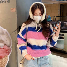 官网韩国代购可爱软萌粉色条纹宽松中长连帽羊毛针织毛衣
