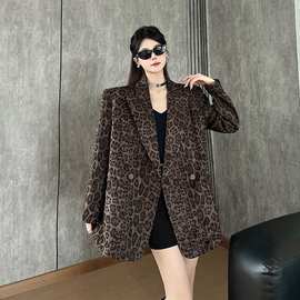 实价麂皮绒复古豹纹西装外套女秋冬新款宽松加厚西服上衣