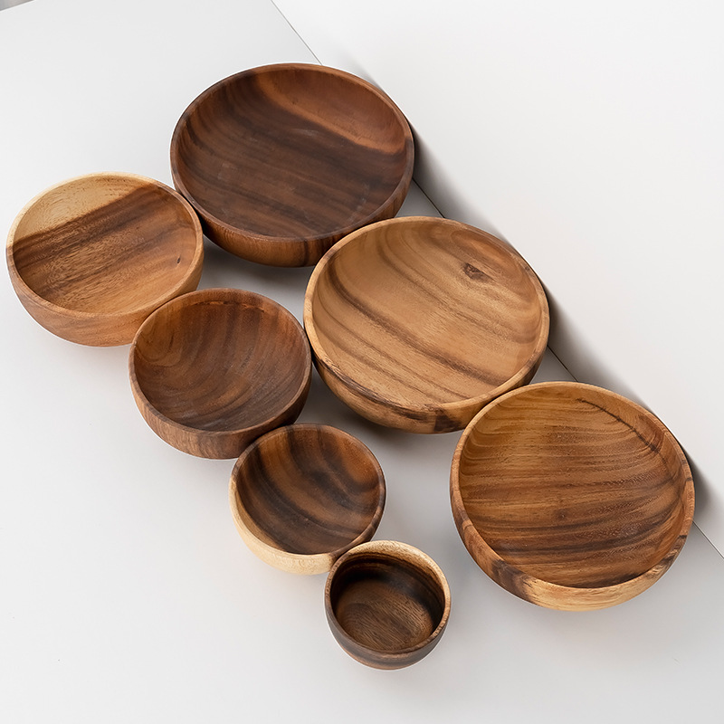 Tazón de madera de acacia de madera de estilo japonés Tazón de fideos Tazón de sopa Tazón de arroz chino restaurante cocina vajilla tamaño especificación al por mayor