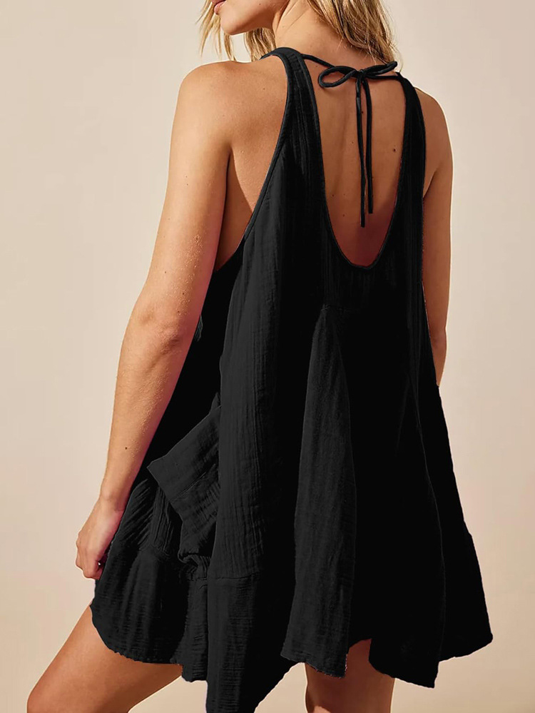 Spring Summer Casual Vacation Solid Color Patchwork Pocket Vest Dress Women Clothing