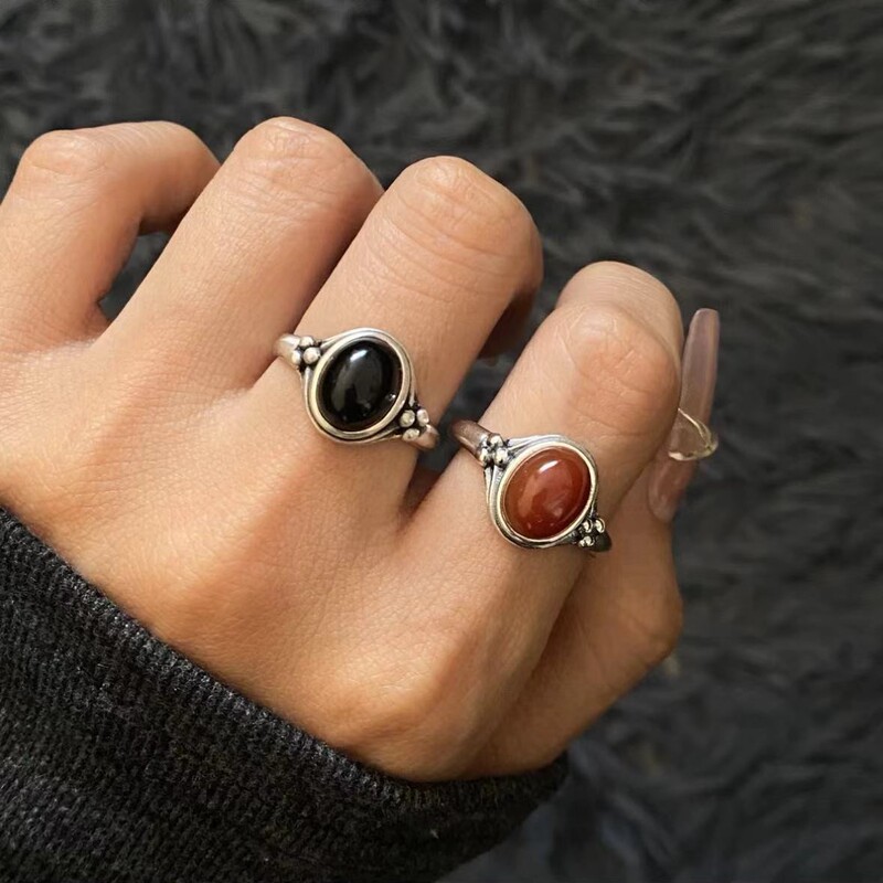 Silver Rhythm S925 Sterling Silver Southern Red Agate Ethnic Style Adjustable Ring Plain Band Vintage Personality Versatile Ring Jewelry for Women