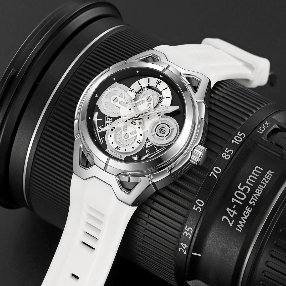 Momento de los hombres Mechanical Wind Calendar reloj de pulsera silicona correa de cuarzo nocturno impermeable reloj de cuarzo transfronterizo exclusivo para la fábrica de origen