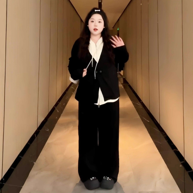 特大码300斤宽松遮肉假两件卫衣套装女秋冬款胖时尚百搭两件套2|undefined
