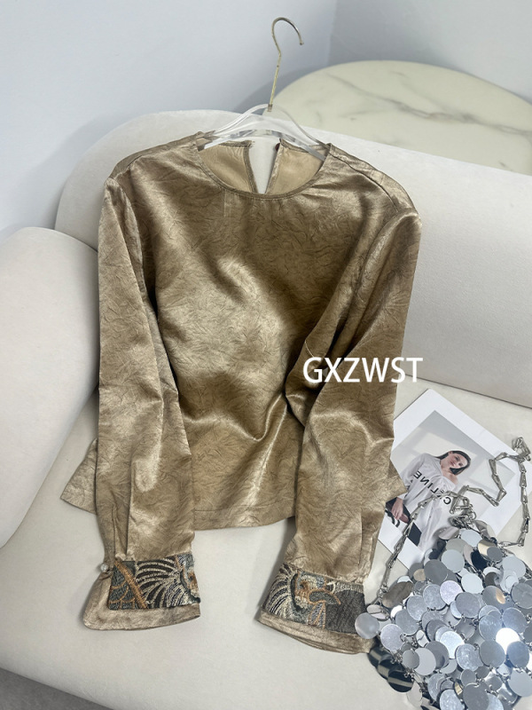 新中式提花刺绣袖口衬衫女2025新款国风高级感百搭打底显瘦上衣|undefined