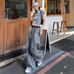 新しい韓国スタイルのグレーのストレートカジュアルパンツ、女性用、多用途、ルーズ、ヤッピースタイル、ハイウエスト、スリムでドレープのある秋のワイドレッグパンツ