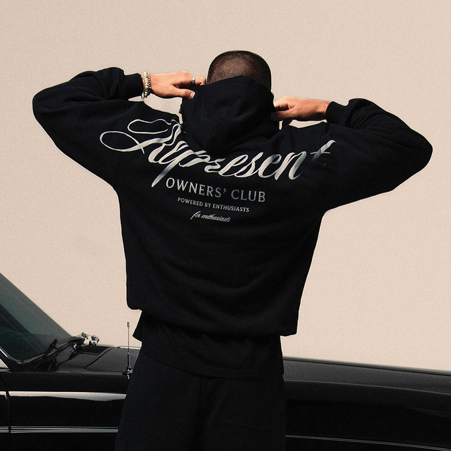 REPRESENT otoño e invierno nuevo estilo letra cursiva lema estampado calle alta casual negro suéter con capucha para hombres y mujeres