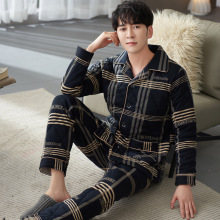男士三层加厚夹棉纯棉睡衣套装秋冬保暖休闲大码格子全棉质家居服