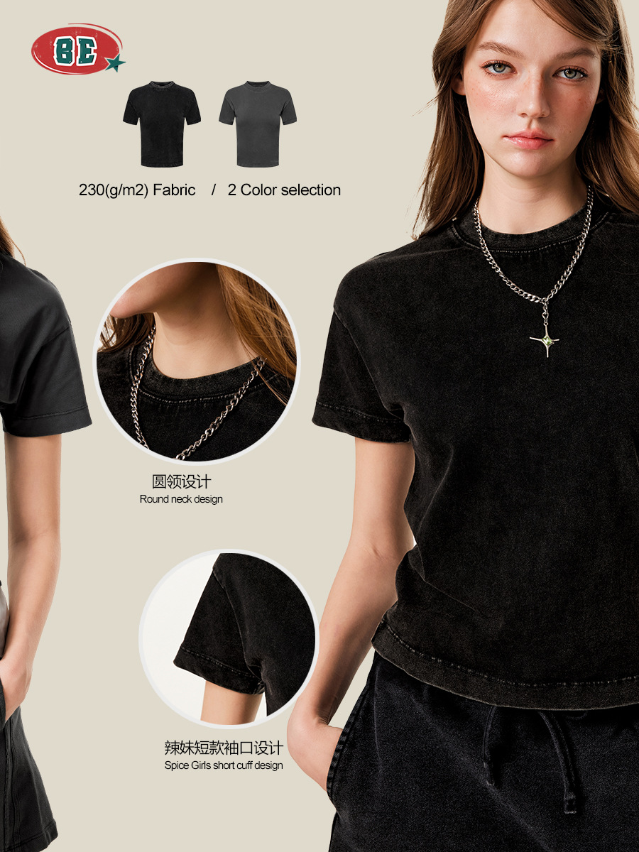 BE ropa de mujer | 2025 verano comercio exterior europeo y americano Milán doble hilo básico industria pesada copo de nieve frito camiseta de color sólido de manga corta mujer image 3