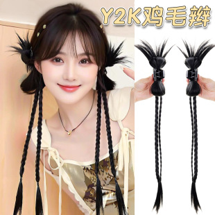 Wig Braids for Women Y2K Sweet Cool Sexy Bow Feather Grabber Shuttlecock Head Boxing Braid Double Ponytail Wig Braid