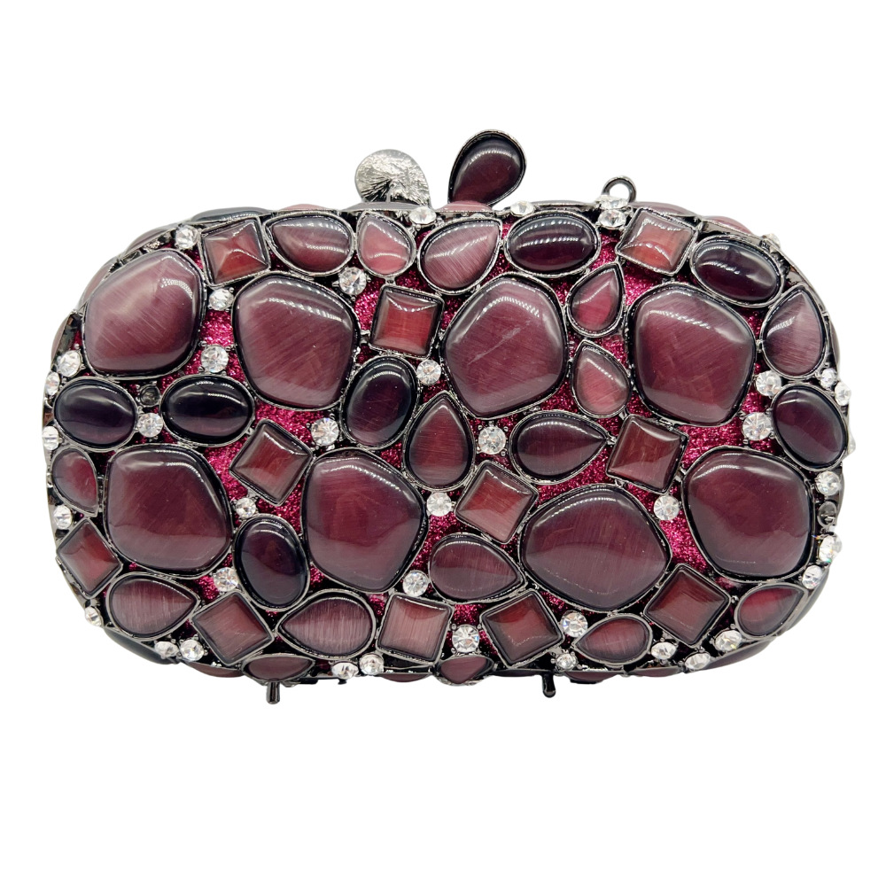 Túi clutch nữ cầm tay dạ tiệc đính đá mắt mèo kim loại rỗng phong cách Âu Mỹ — Màu hồng, màu đỏ tía, Cá tính đặt làm