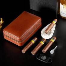 棕色四支装便携式雪茄盒雪松木皮革雪茄盒