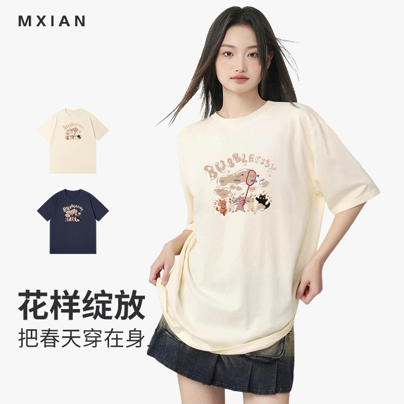 Women's Cotton Short-sleeved T-shirt Japanese-style Hong Kong-style Chic Cartoon Half-sleeved Men's Summer Loose Korean-style Printed Top for Women