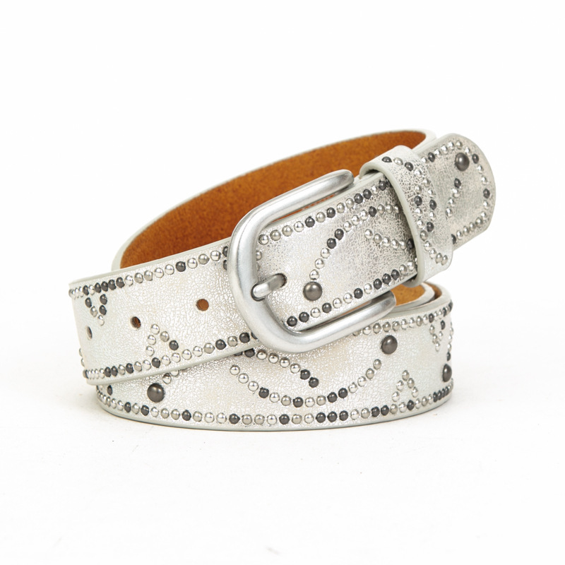 Personalized Old Women's Belt Dark Gold Crack PU Leather Design Geometric Rivet Rhinestone Inlaid Belt Women