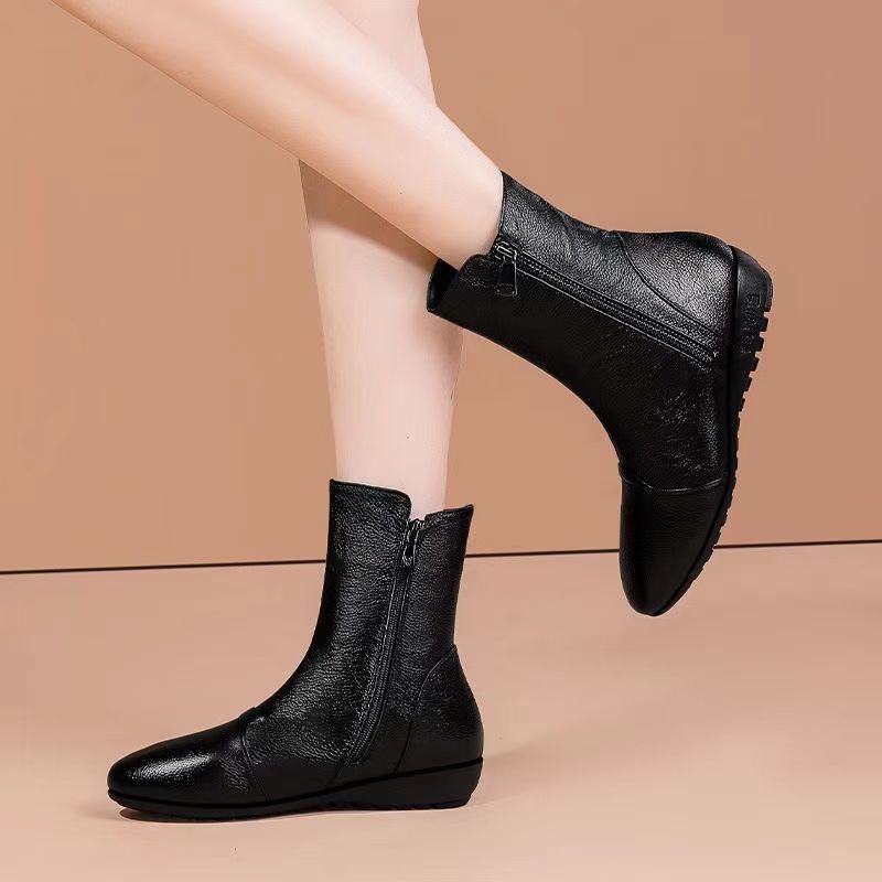 软皮秋季平底短靴女靴子软底中筒侧拉链中老年妈妈鞋棉靴加绒冬季