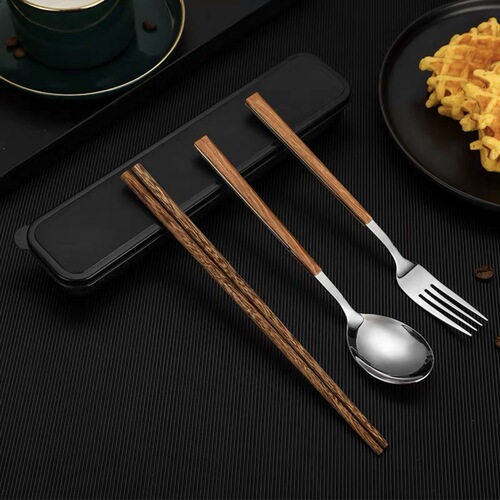 Chicken Wing Wood Chopsticks, Stainless Steel Spoons, Coffee Spoons, Cow Dung Portable Tableware Gift Set, Logo Customization Storage Box