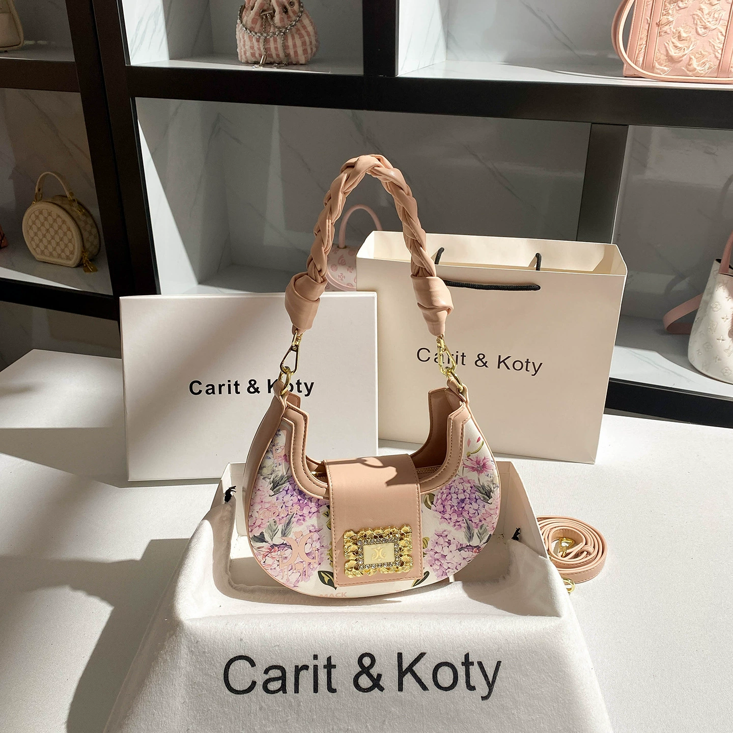 Underarm One-Shoulder Bag (Carit & Koty) Woven Crescent, Braided Handle & Detachable Strap, Multi Colors