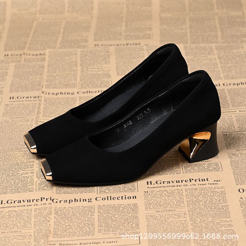 French-Style New Fashion Simple Lightweight Metal Iron Toe Shallow Breathable Elegant Anti-Kick Commuting Chunky Heel All-Season Popular Single Shoes