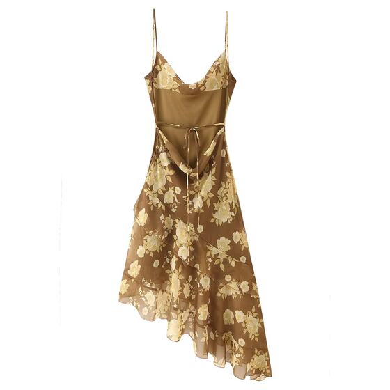 ZARZ Homemade European and American Style New Women's Classic Double-Layer Ruffled Chiffon Sling Collar dress