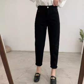 黑色九分哈伦牛仔裤女2026春夏季新款梨形身材高腰显瘦小脚老爹裤