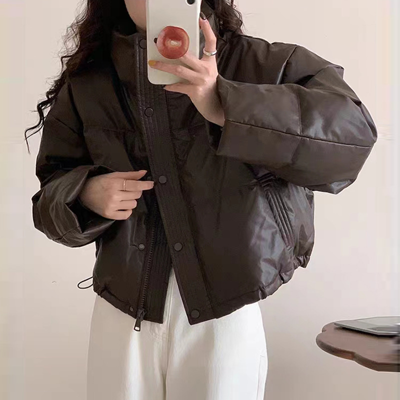 Pu Leather Short White Duck down Jacket for Women 2025 Winter New Fashion Stand Collar No-Wash Loose Fit Petite Coat