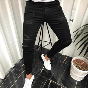 American Style High Street New AliExpress Tight Trendy Tape Rip Trendy Skinny Pants Solid Color Simple Denim Pants
